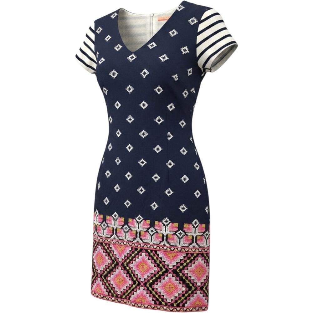 Vilagallo Navy Striped Embroidered V-Neck Shift Dress Size 40